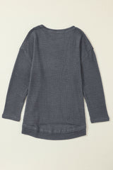 Khaki Plain Waffle Knit Drop Sleeve Side Slits Oversized Top