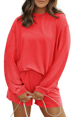 Carbon Grey Corded Long Sleeve Top and High Waist Shorts Set