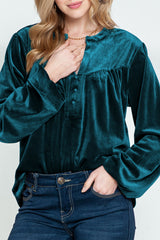 Gold Flame Velvet Beaded V Neck Lantern Sleeve Top