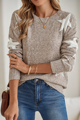 Khaki Star Pattern Drop Shoulder Knit Sweater