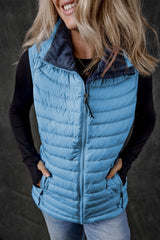 Burgundy Plush Collared Quilted Zipped Puffer Vest