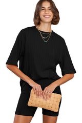 Apricot Ribbed Knit Drop Shoulder T Shirt & Shorts Two Piece Shorts Sets