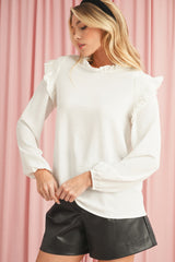 White Frilled Neck Ruffled Trim Bubble Sleeve Blouse