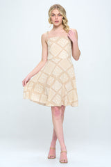 Paisley printed spagetti strap tie shoulder smocked back A-line dress