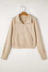 Parchment Zip Up Stand Collar Ribbed Thumbhole Sleeve Sweatshirt