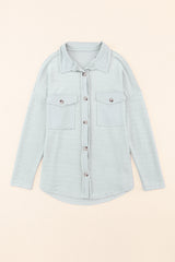 Black Plain Textured Button Up Shirt Shacket with Flap Pockets