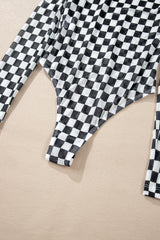 Black Checkered Print Long Sleeve Mock Neck Bodysuit