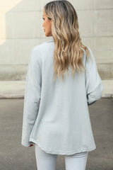 Black Plain Textured Button Up Shirt Shacket with Flap Pockets