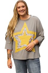 Medium Grey Floral Star Patched 3/4 Sleeve Plus Size Top