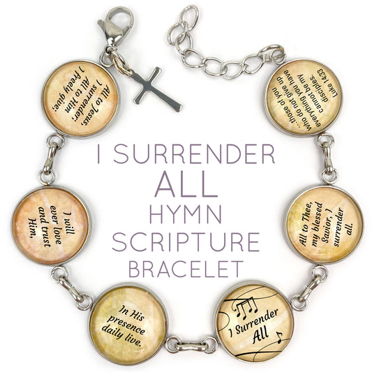 I Surrender All Hymn & Scripture Glass Charm Bracelet – Stainless