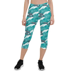 Womens Dolphin and Waves Capri Leggings