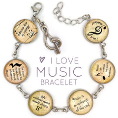 I Love Music - Glass Charm Stainless Steel Bracelet with Dangling