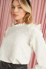 White Frilled Neck Ruffled Trim Bubble Sleeve Blouse