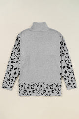 Slit Leopard Mock Neck Dropped Shoulder Sweater