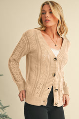 Dark Khaki Hollow Knit Drop Shoulder Cardigan