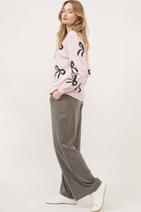 Light Pink Bow Print Long Sleeve Loose Fit Sweater