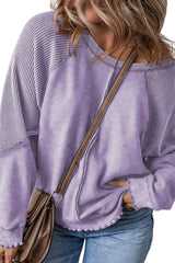 Mineral Blue Textured Patchwork Plus Size Pullover Sweatshirt