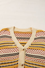 Khaki Geometric Pattern Button Front V Neck Cropped Cardigan