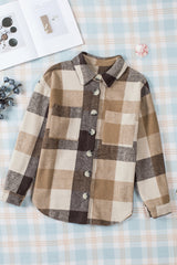 Grey Plaid Color Block Pockets Buttoned Shacket