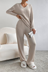 Khaki Slouchy Ribbed Knit V Neck Top & Pants Loungewear Set