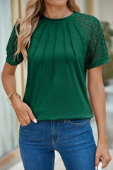 Blackish Green Seamed Detail Contrast Lace Raglan Sleeve Tee