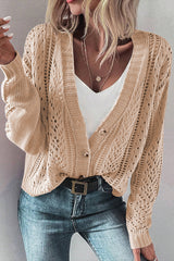 Dark Khaki Hollow Knit Drop Shoulder Cardigan