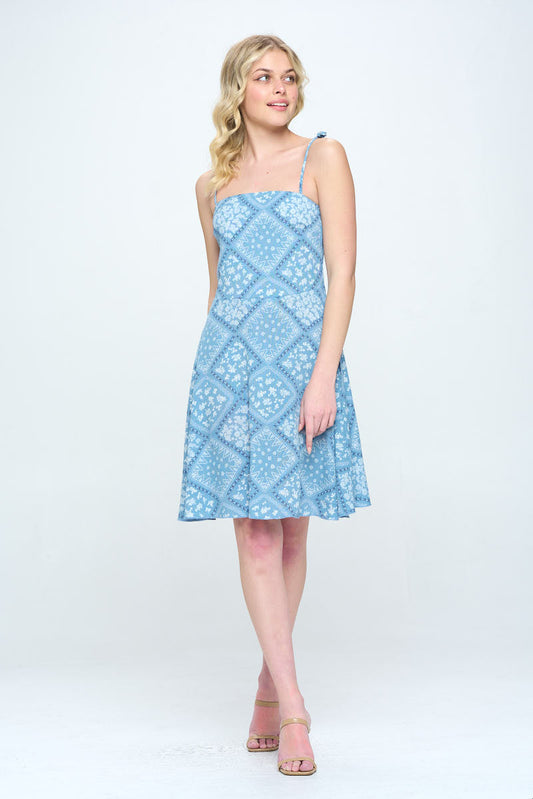 Paisley printed spagetti strap tie shoulder smocked back A-line dress