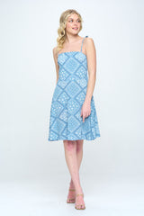 Paisley printed spagetti strap tie shoulder smocked back A-line dress