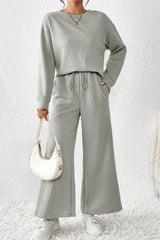 Navy Blue Textured Loose Slouchy Long Sleeve Top and Pants Set