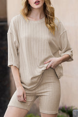 Apricot Ribbed Knit Drop Shoulder T Shirt & Shorts Two Piece Shorts Sets