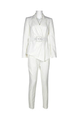 Tahari ASL Notched Collar Long Sleeve Pleated Belted Crepe Pants Suit