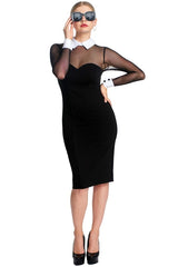 Tuxedo Illusion Dress - Midi dress with mesh sleeves, & contrast