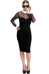Tuxedo Illusion Dress - Midi dress with mesh sleeves, & contrast
