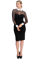 Tuxedo Illusion Dress - Midi dress with mesh sleeves, & contrast
