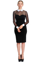 Tuxedo Illusion Dress - Midi dress with mesh sleeves, & contrast