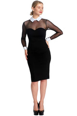 Tuxedo Illusion Dress - Midi dress with mesh sleeves, & contrast