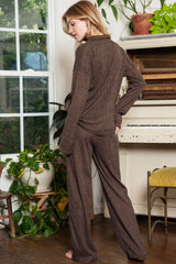 Black Ribbed Henley Shirt and Wide Leg Pants Loungewear Set