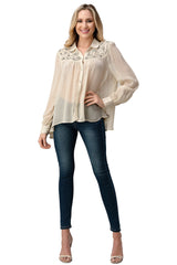 Mesh Blouse Shirt Top With Beaded Jewel Trim