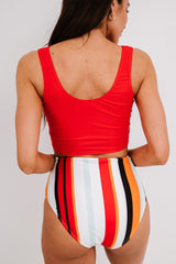 Red Sexy Square Neck Sleeveless Striped Print Tankini Swimsuit