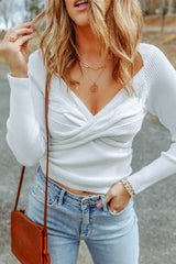 White Basic Cable Crossed V Neck Sweater