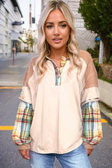 Parchment Plus Size Plaid Waffle Patchwork Henley Top