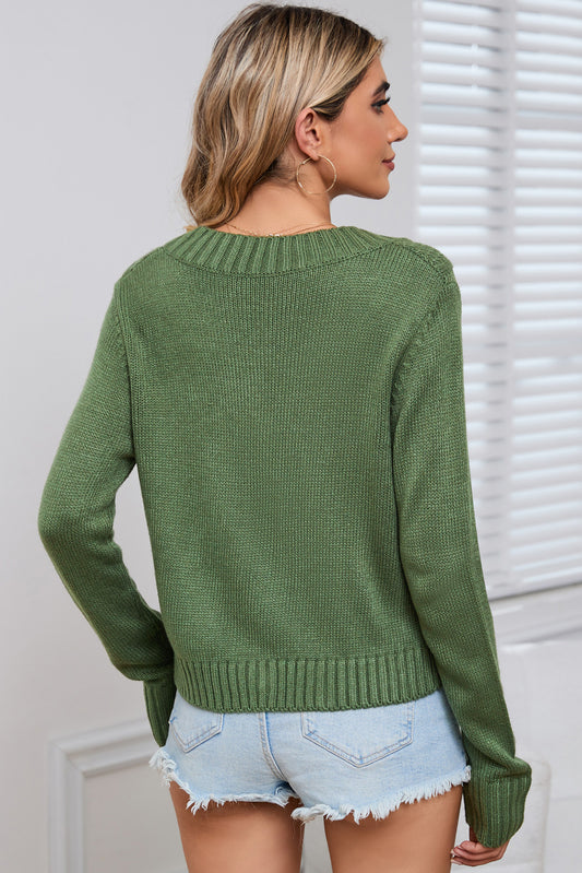 Green Pockets Buttons Textured Cropped Sweater Cardigan