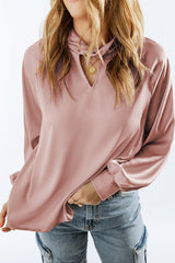 Pink Elegant Keyhole Long Sleeve Satin Blouse