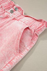 Dusty Pink Vintage Washed Frilled High Waist Denim Shorts