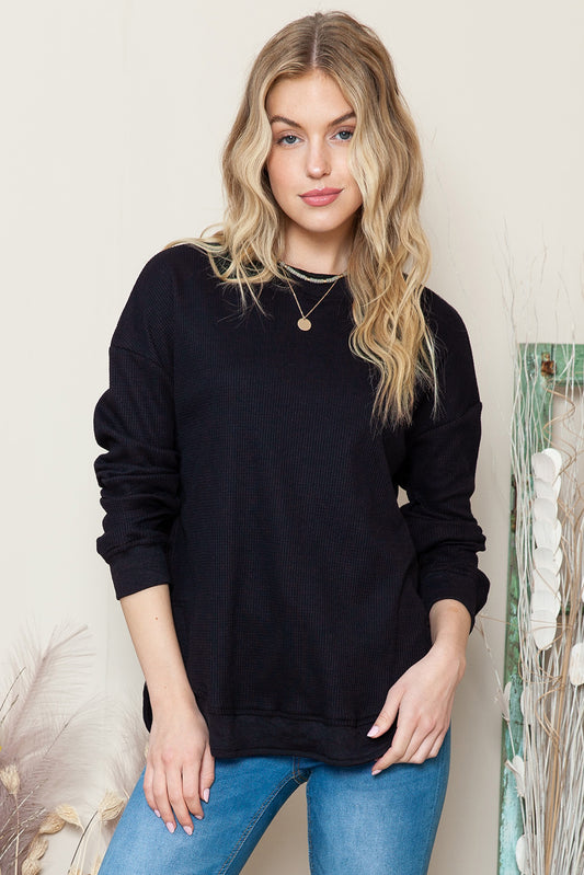 Black Crew Neck Ribbed Trim Knit Long Sleeve Top