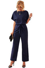 Dark Blue Solid Color Casual Belted Wide Leg Jumpsuit