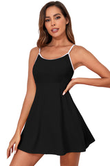 Black Sporty Ribbed Spaghetti Straps Swim Dress