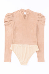 Brown Puff Sleeve Casual Suede Bodysuit