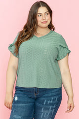 Laurel Green Petal Sleeve Jacquard V Neck Plus Size Blouse