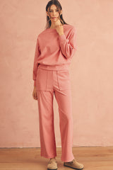 Blossom Ribbed Drop Shoulder Sweatshirt Pocketed Pants Set